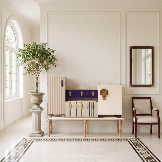 Aparador Boutine en recibidor elegante con diseño artesanal y presencia decorativa.