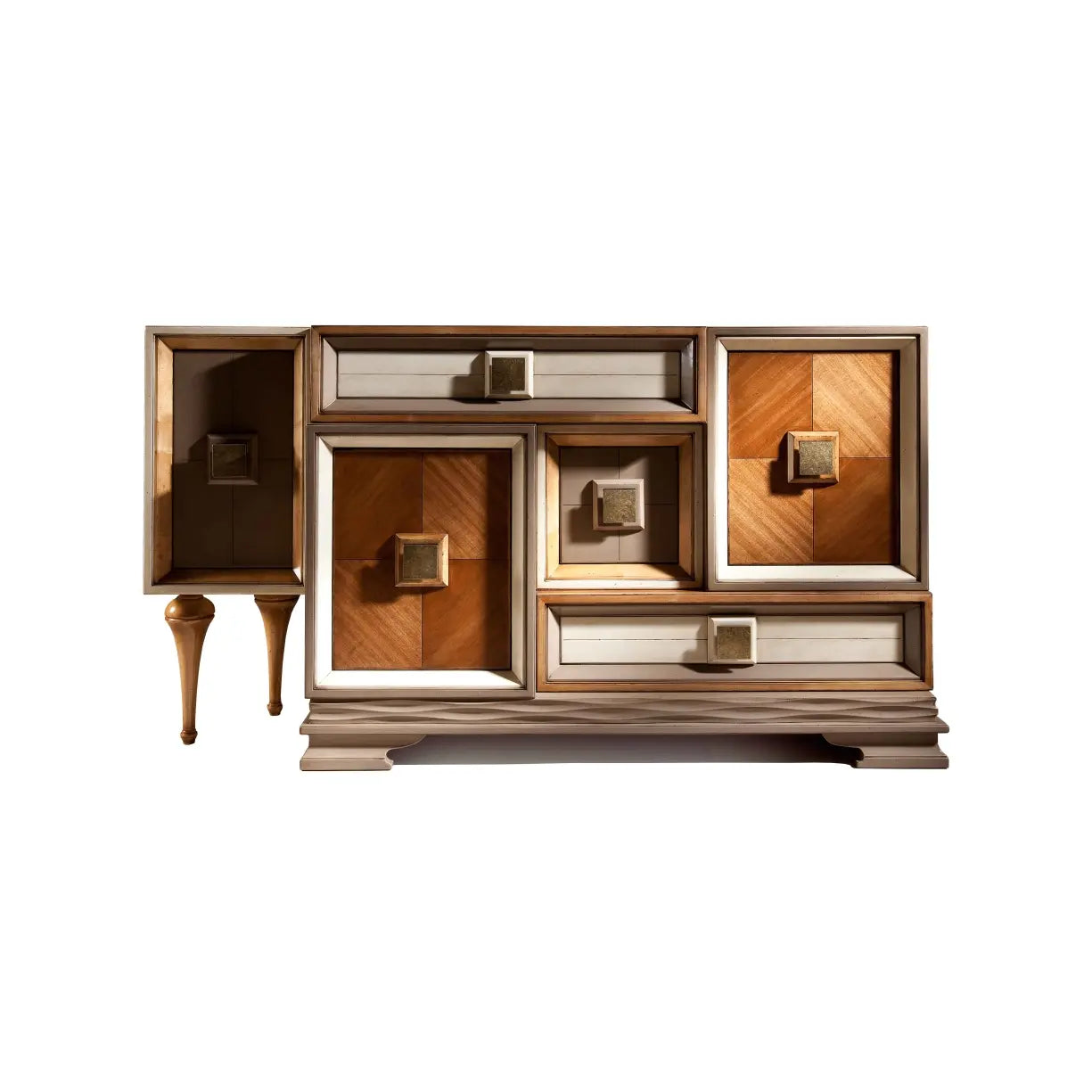 Aparador Dinastía de diseño en madera con puertas, cajones, tiradores cuadrados y acabado cálido