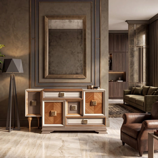 Aparador Dinastía en salón elegante con madera cálida, espejo decorativo y ambiente premium