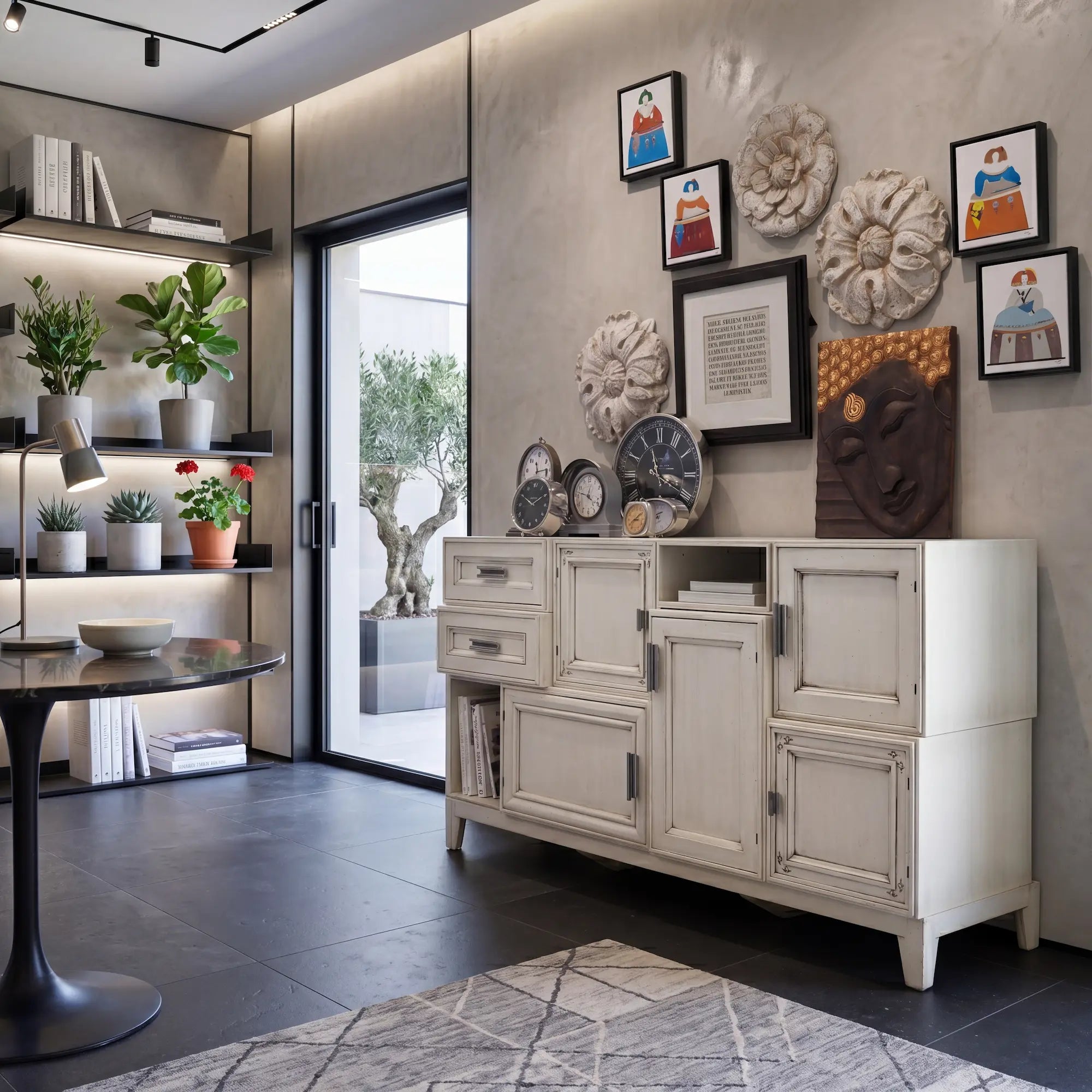 Aparador de diseño Cubos en blanco roto colocado en un interior contemporáneo