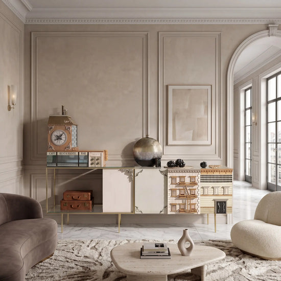 Aparador Manhattan en salón premium con pared clásica, mesa de centro y ambiente sofisticado
