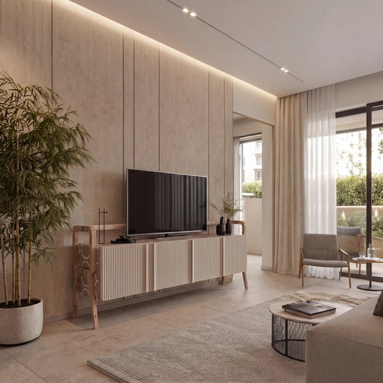 Aparador Matilda 4P como mueble TV en salón elegante de tonos neutros.