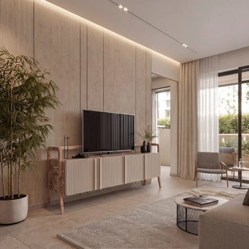 Aparador Matilda 4P como mueble TV en salón elegante de tonos neutros.
