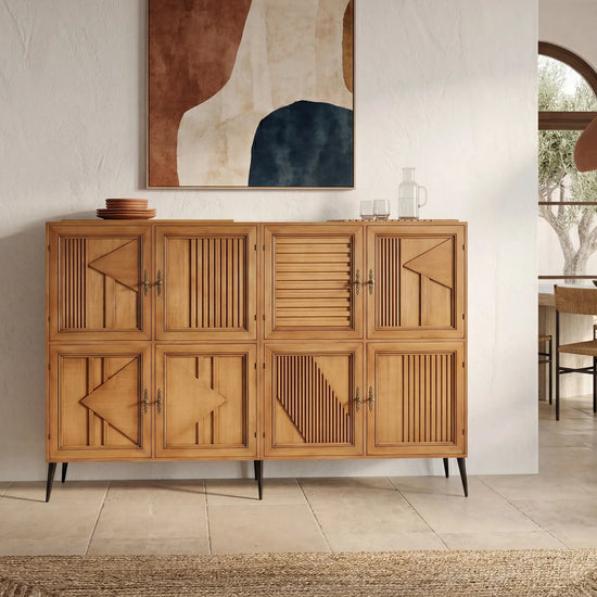 Aparador Mytho de madera con diseño geométrico en ambiente moderno