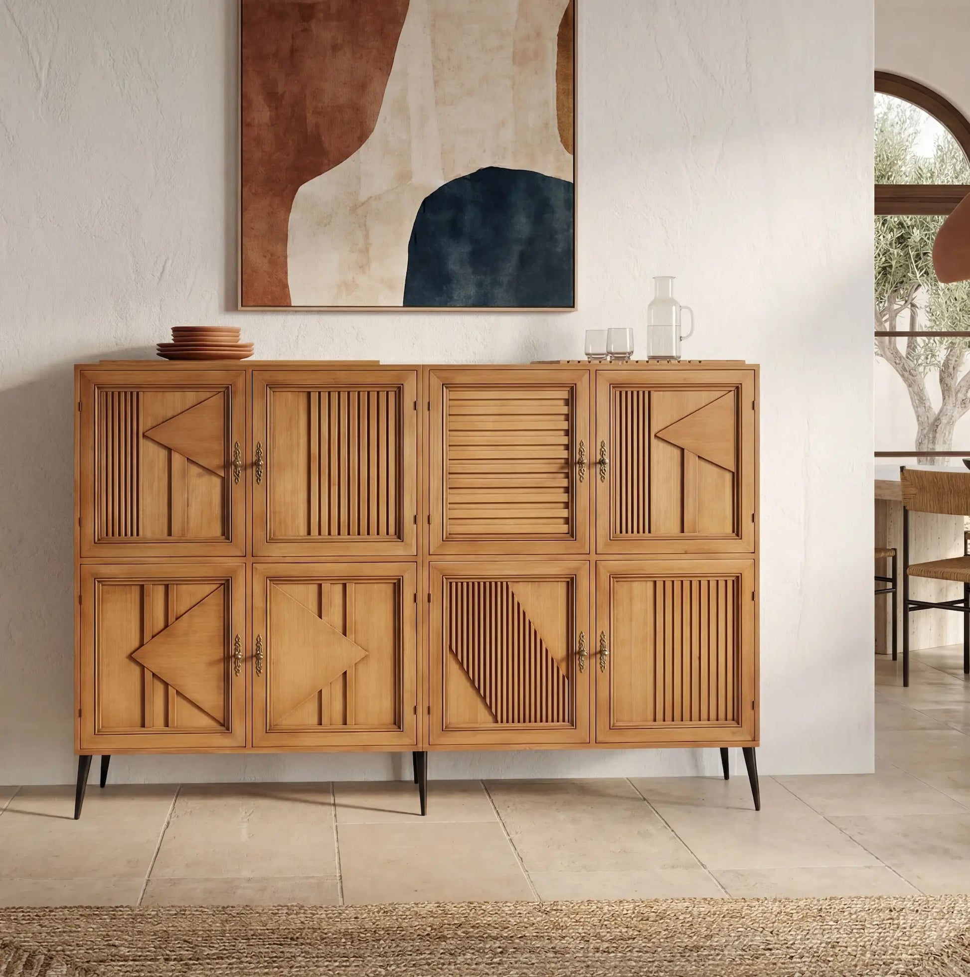Aparador Mytho de madera con diseño geométrico en ambiente moderno