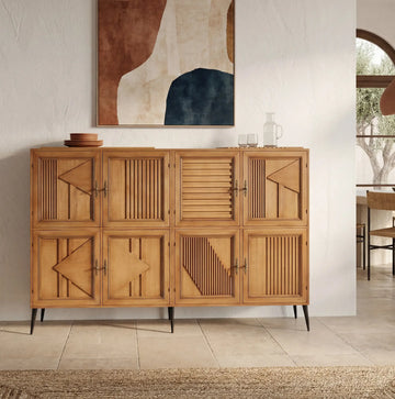 Aparador Mytho de madera con diseño geométrico en ambiente moderno