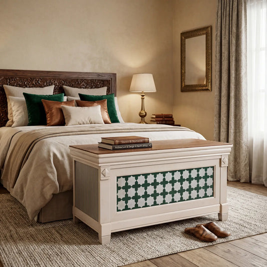 Arca La Masía como banco a los pies de la cama en dormitorio elegante