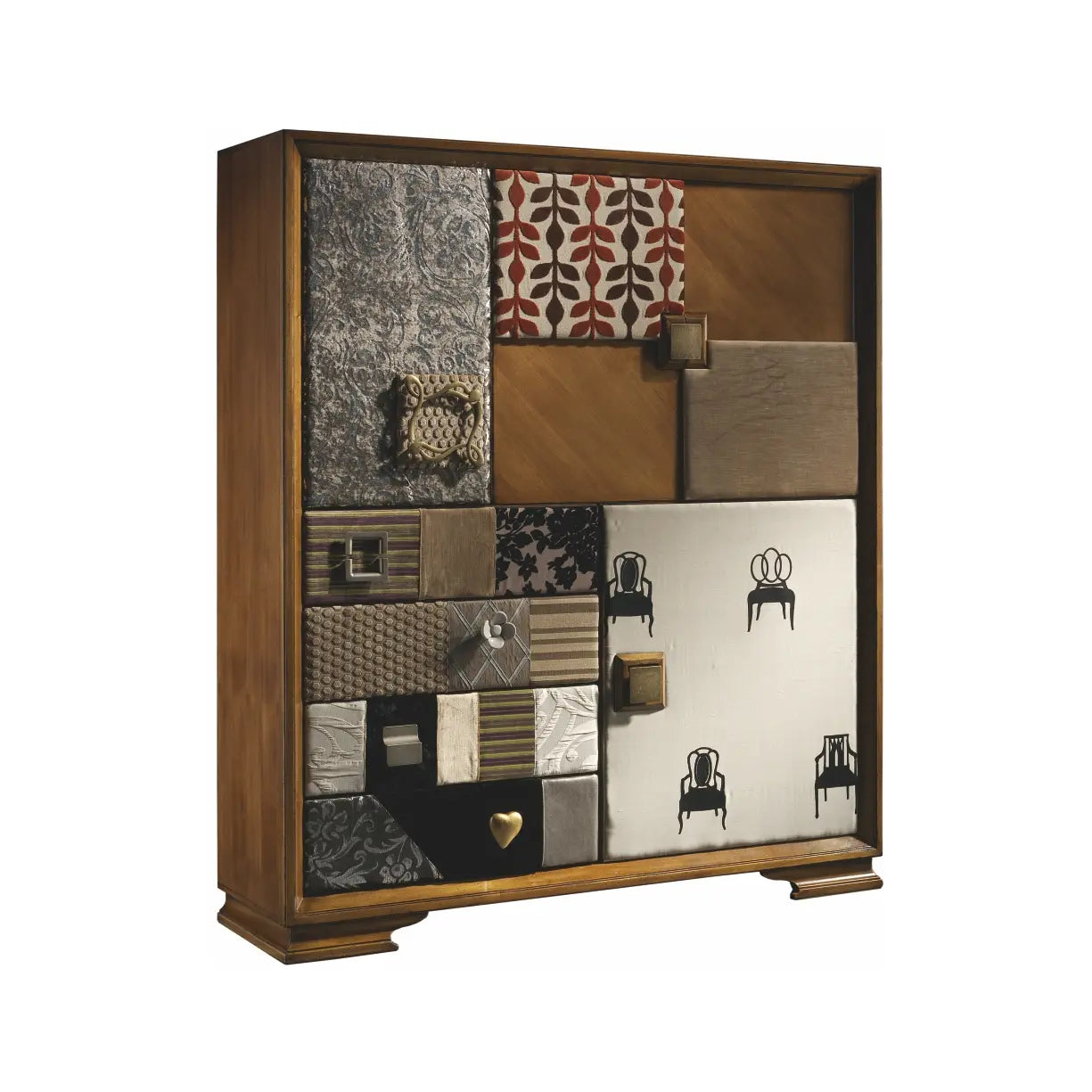 Armario Dinastía sobre fondo blanco, armario decorativo de diseño con estructura de madera y frentes textiles combinados.
