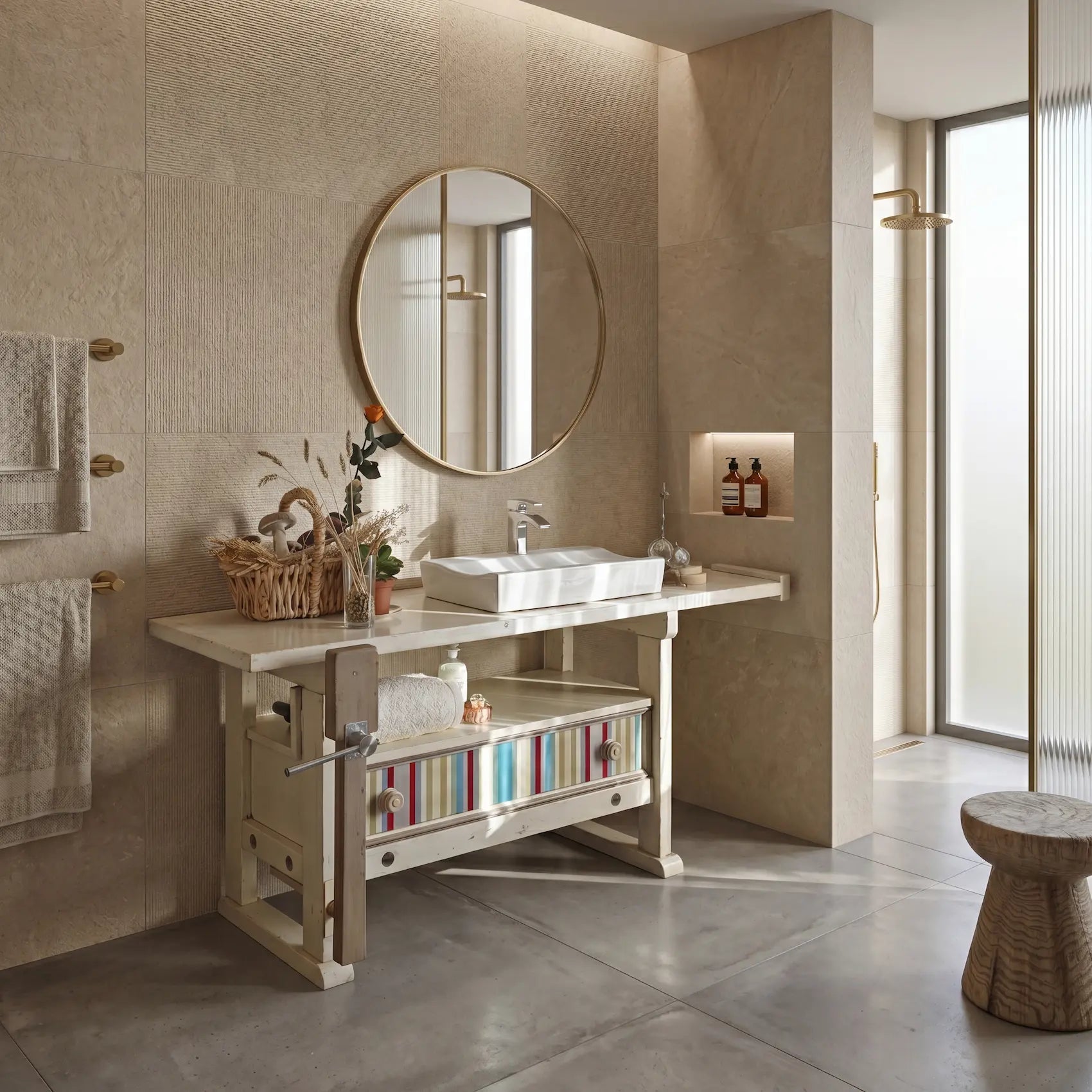Banco carpintero de baño artesanal convertido en mueble lavabo con encimera, cajón decorado y estructura original.