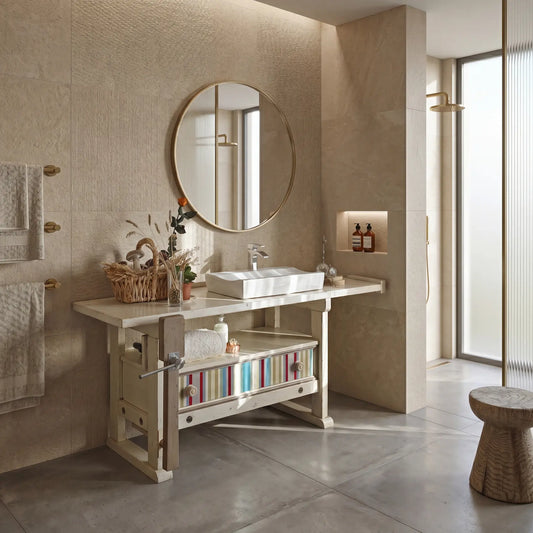 Banco carpintero de baño artesanal convertido en mueble lavabo con encimera, cajón decorado y estructura original.