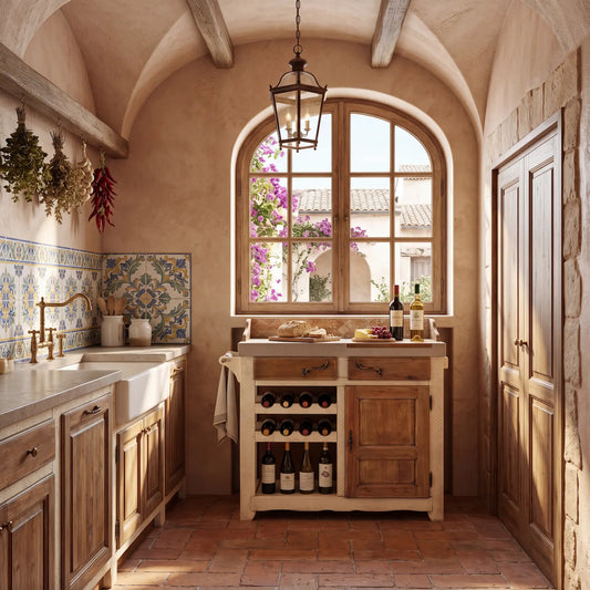 Banco Kitchen integrado en cocina de estilo mediterráneo con botellero, cajones y encimera.