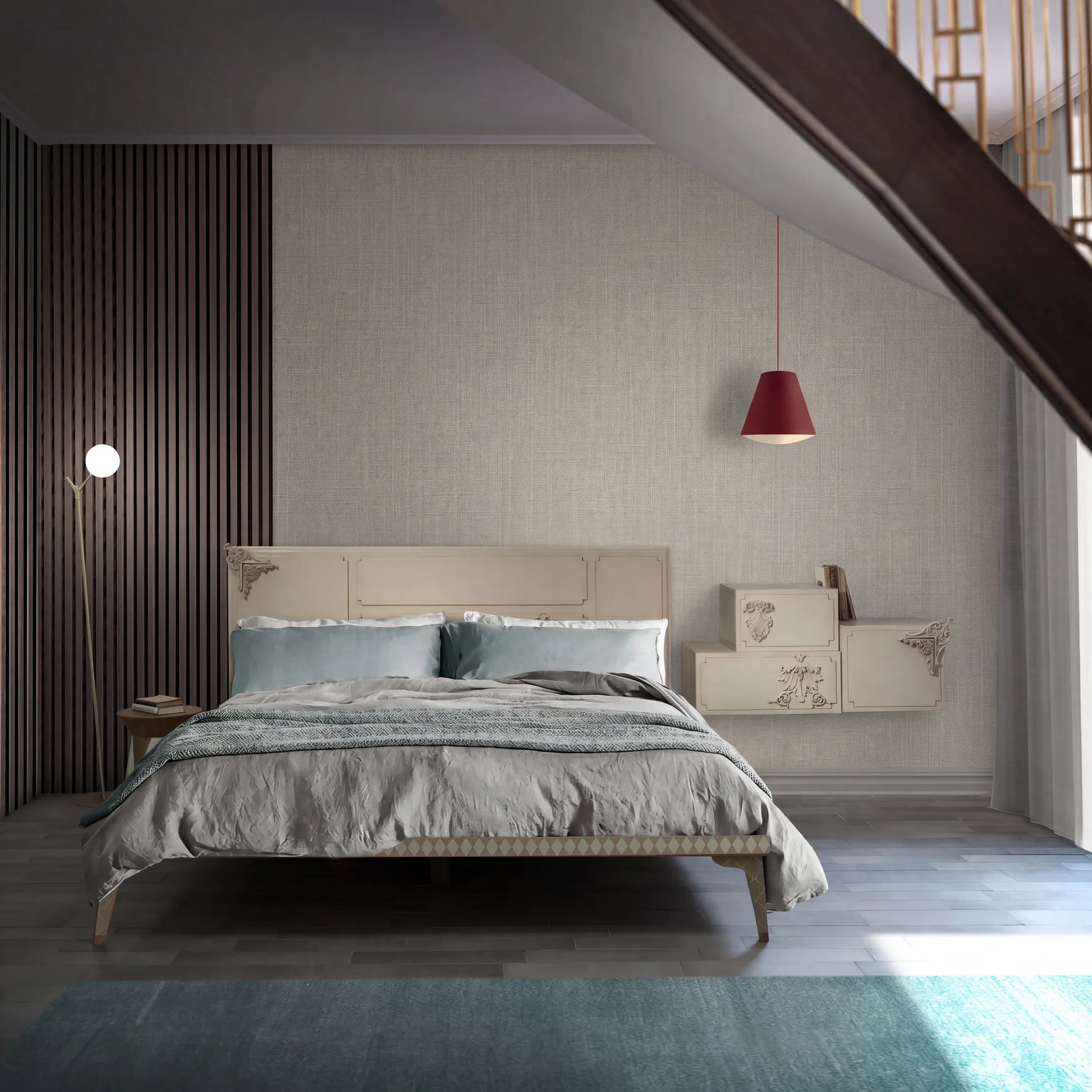 Cabecero de dormitorio Utopía integrado en un ambiente elegante contemporáneo.