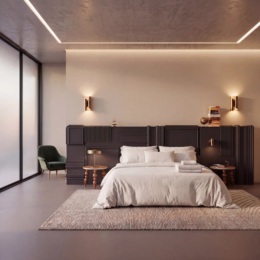 cabecero Totem en dormitorio moderno con panelado decorativo y composición arquitectónica