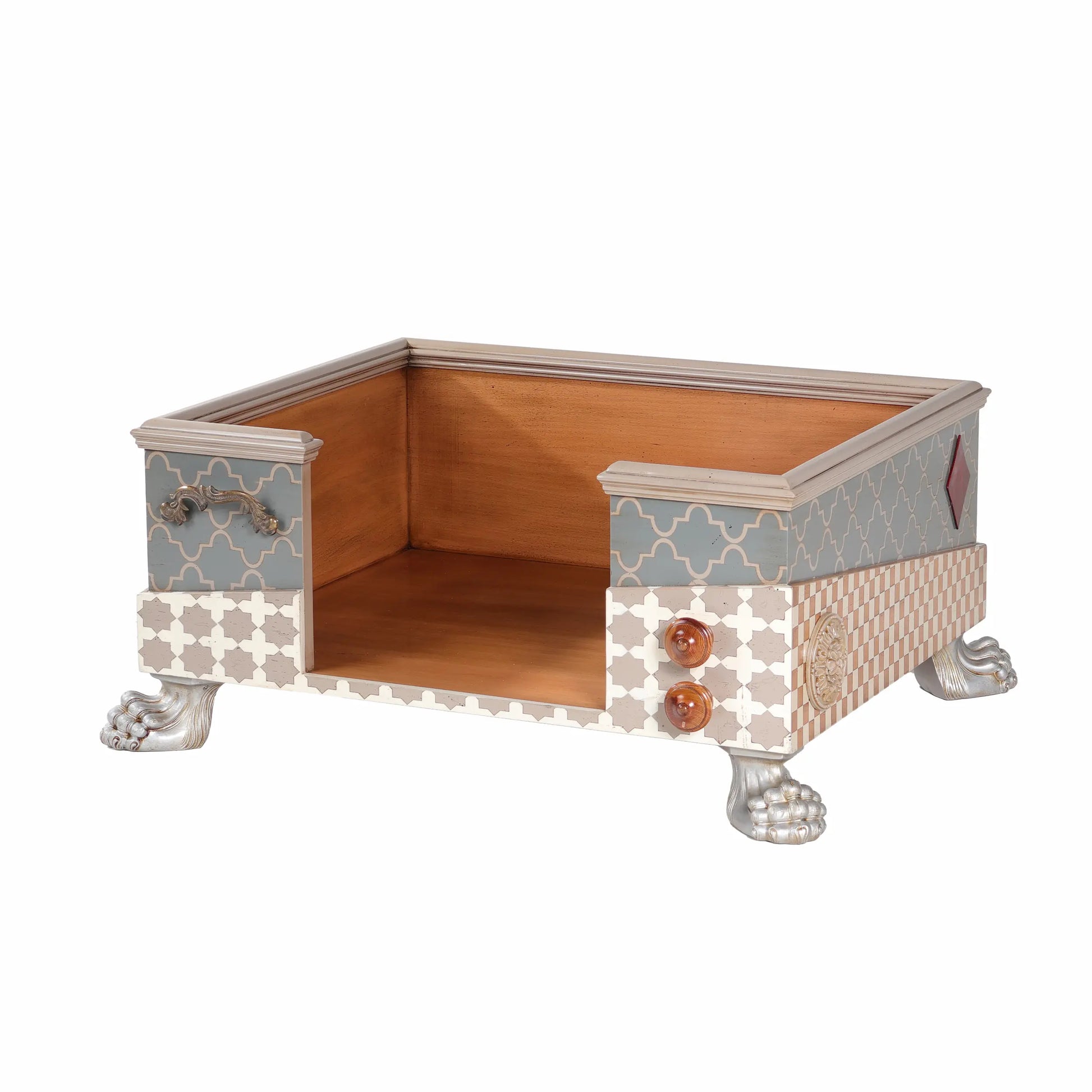 Casita Divina, cama de diseño para perro con motivos geométricos, acceso frontal y patas escultóricas.