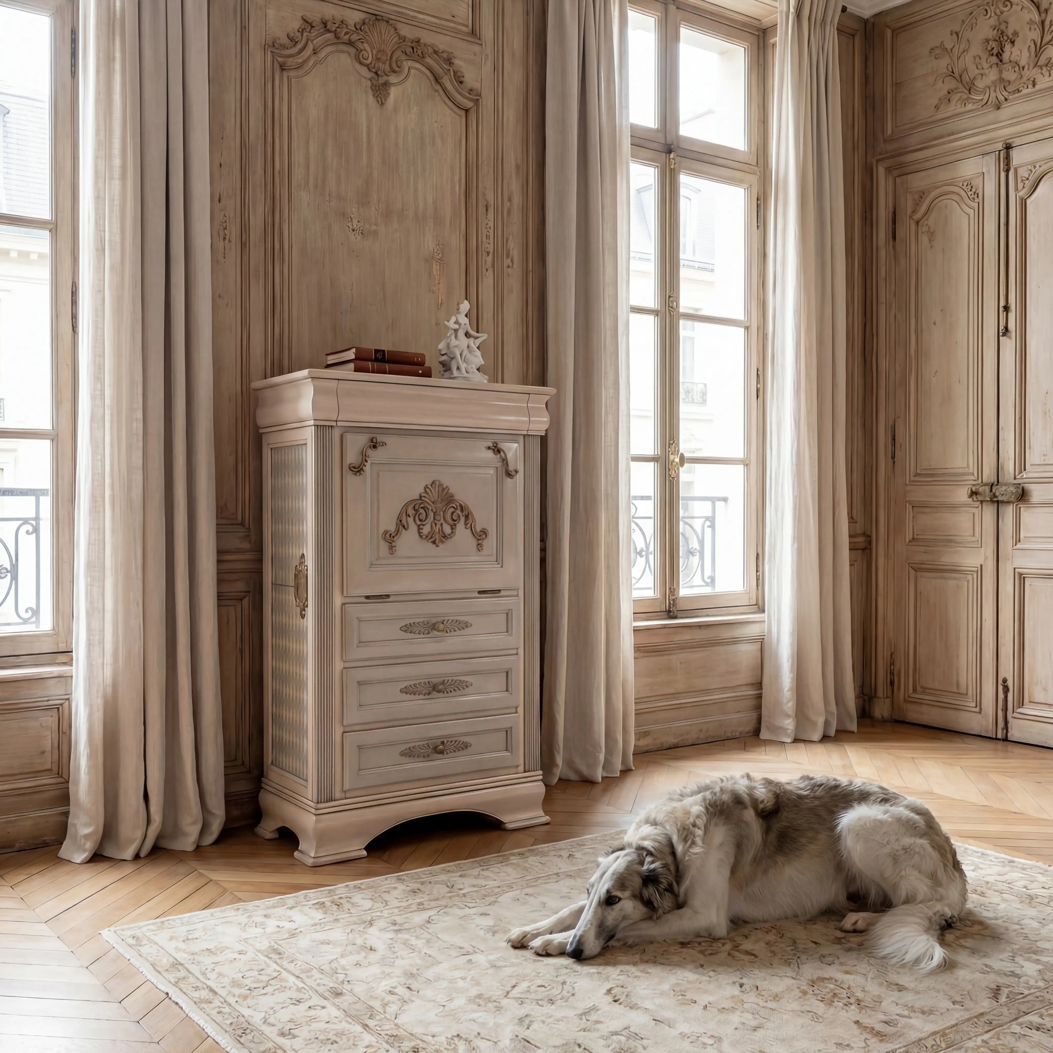 cómoda escritorio Giulietta en interior clásico con paneles de madera