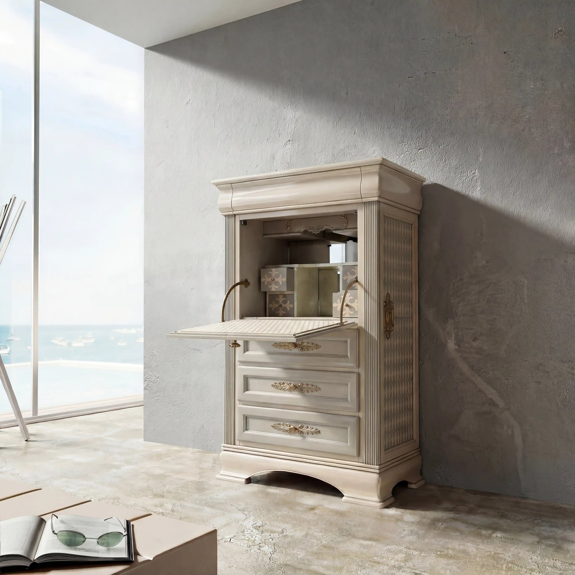 cómoda escritorio Giulietta abierta mostrando la superficie de trabajo