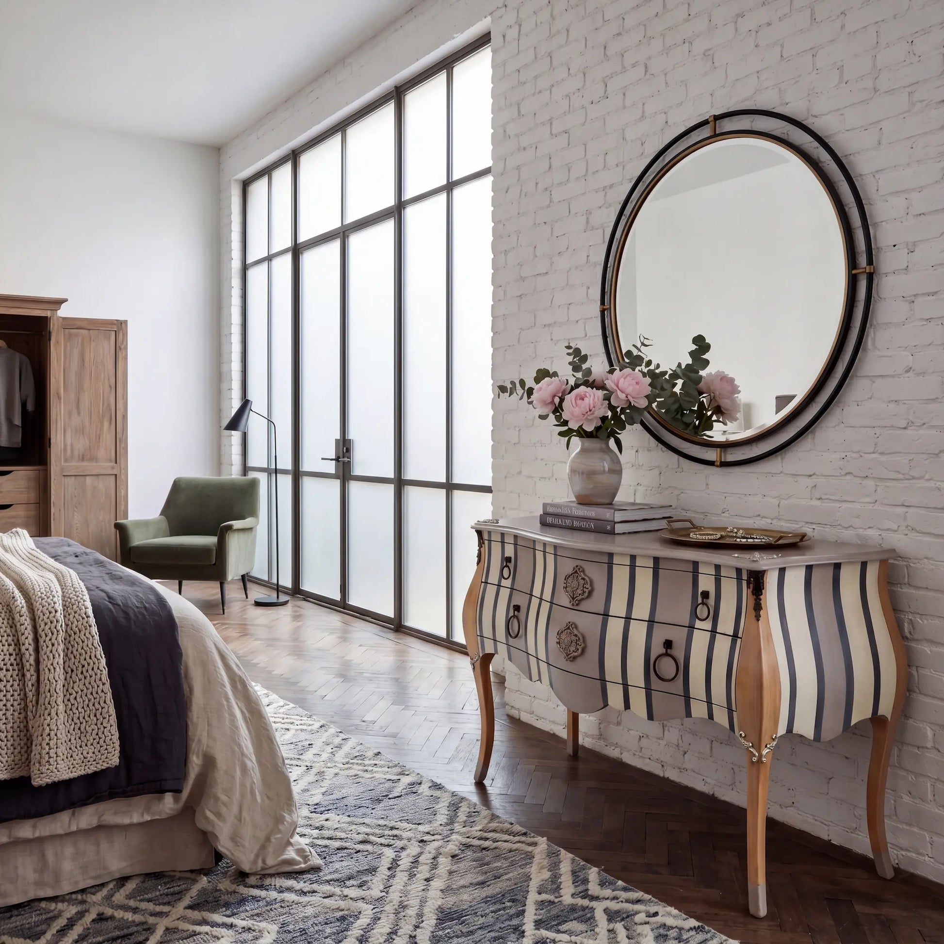 cómoda Santino en dormitorio con diseño decorativo de rayas