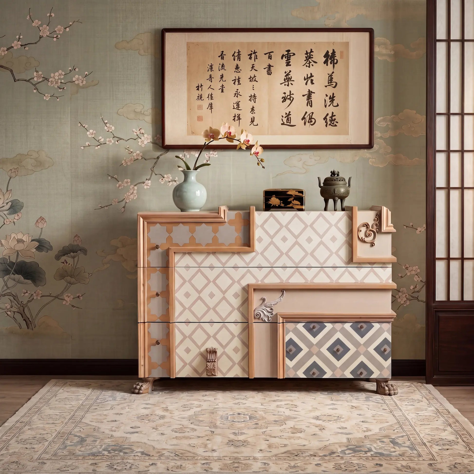 cómoda Seda en dormitorio decorado con estilo oriental y tonos neutros