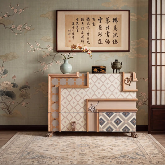 cómoda Seda en dormitorio decorado con estilo oriental y tonos neutros