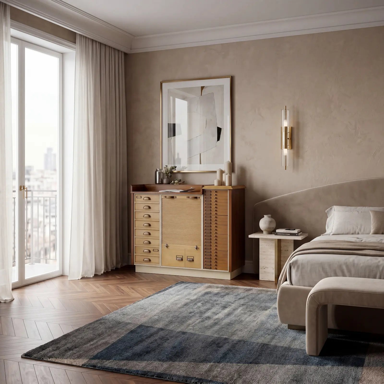 Cómoda Seller de madera colocada en un dormitorio elegante con acabado cálido