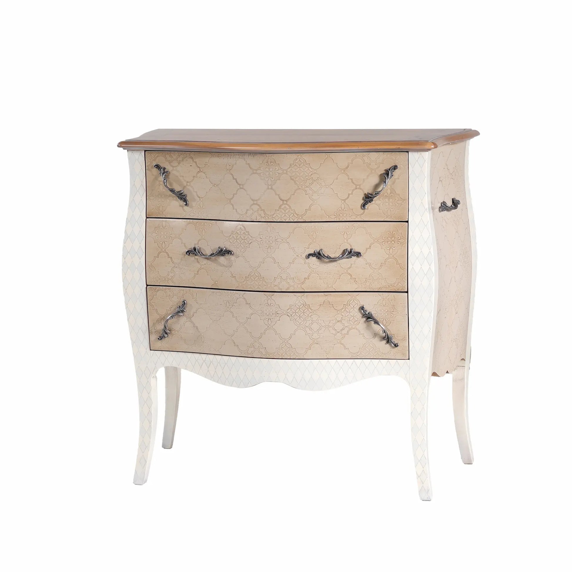 Cómoda Terilia artesanal con tres cajones, sobre café y patas en blanco marfil.