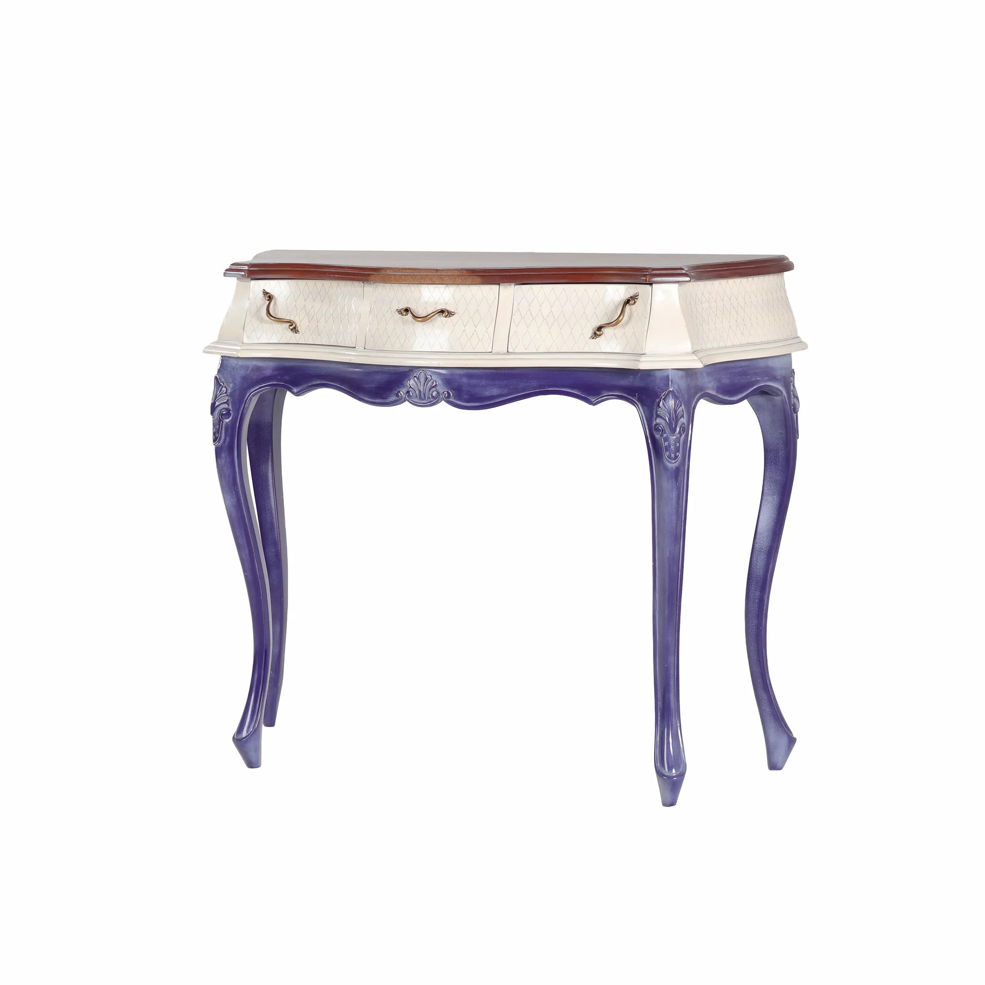 Consola Charme con tres cajones, patas curvadas y acabado violeta y crema.