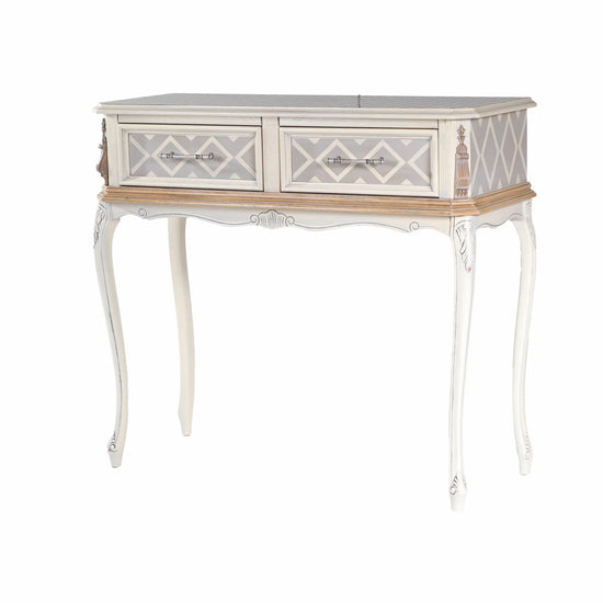 Consola Yune artesanal con dos cajones, patas curvas y decoración geométrica en tonos suaves.