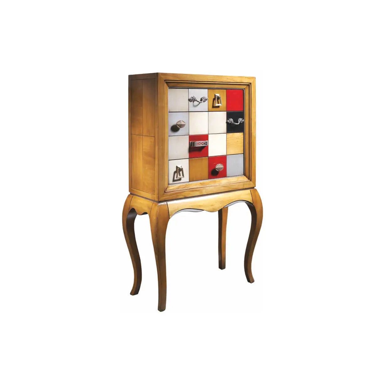 Entrada Cibeles, mueble de entrada de diseño en madera con patas curvas y cajones decorados