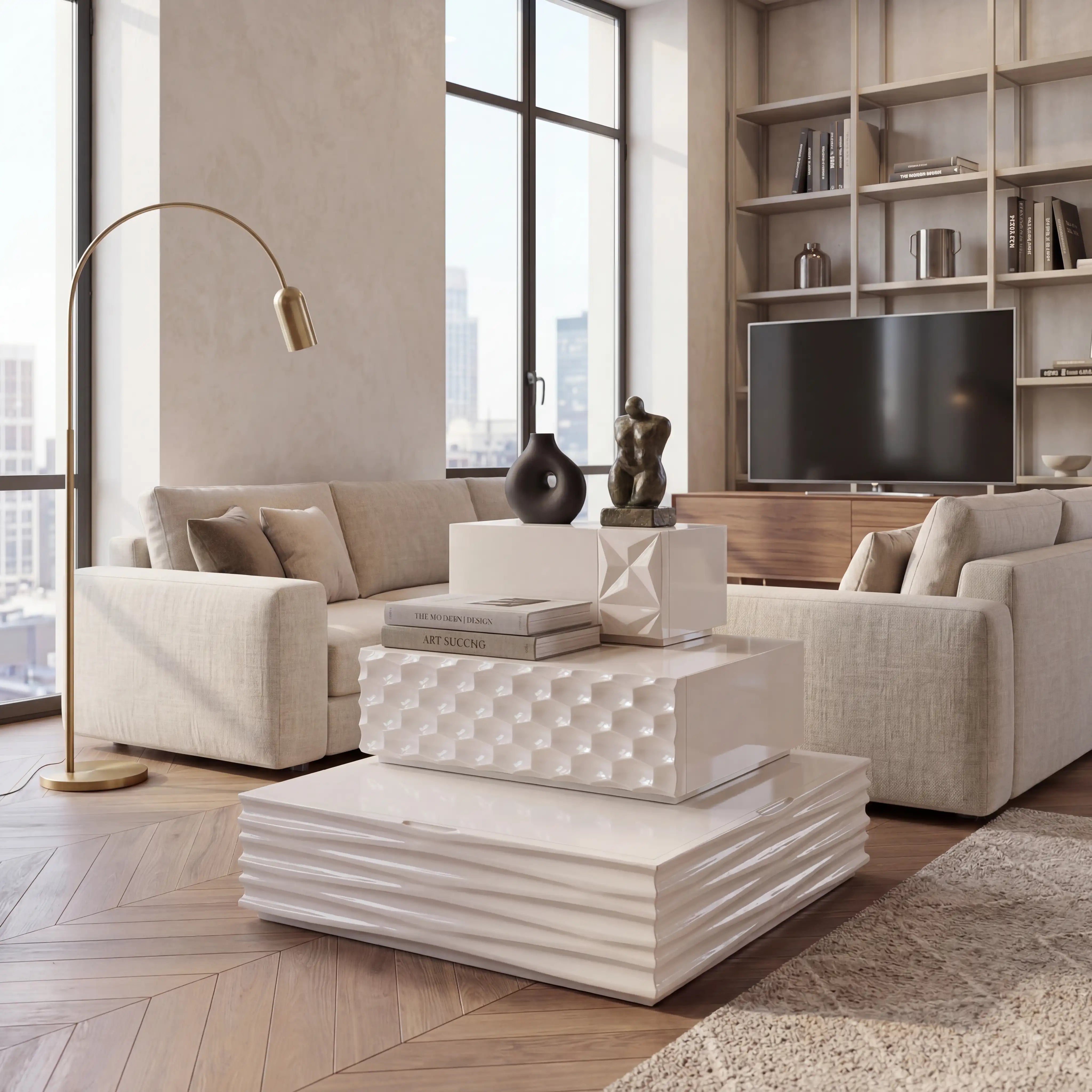 Escalones Rascacielos mesa auxiliar de diseño en salón contemporáneo