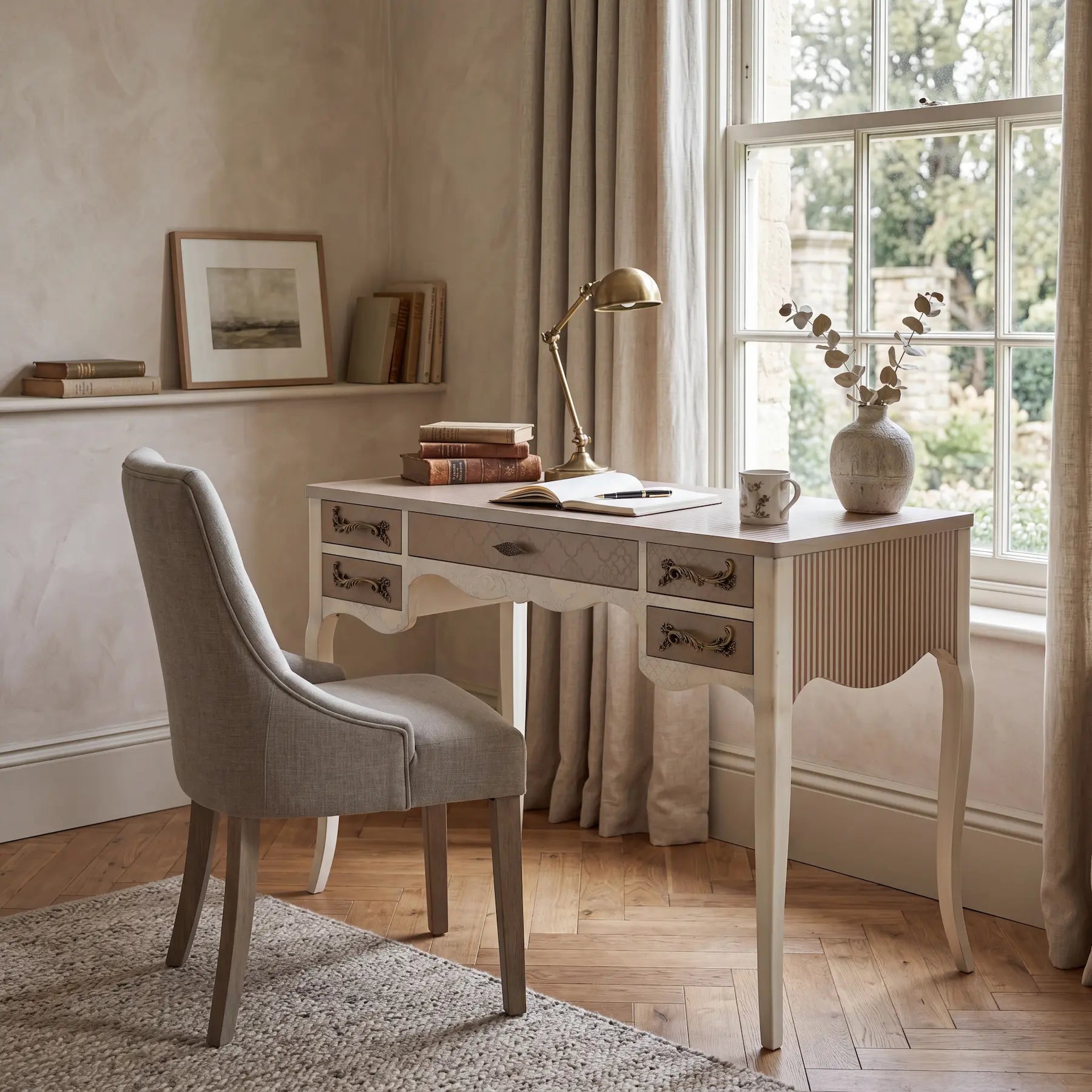 Escritorio Niza en blanco roto y beige en una zona de trabajo decorada con estilo.