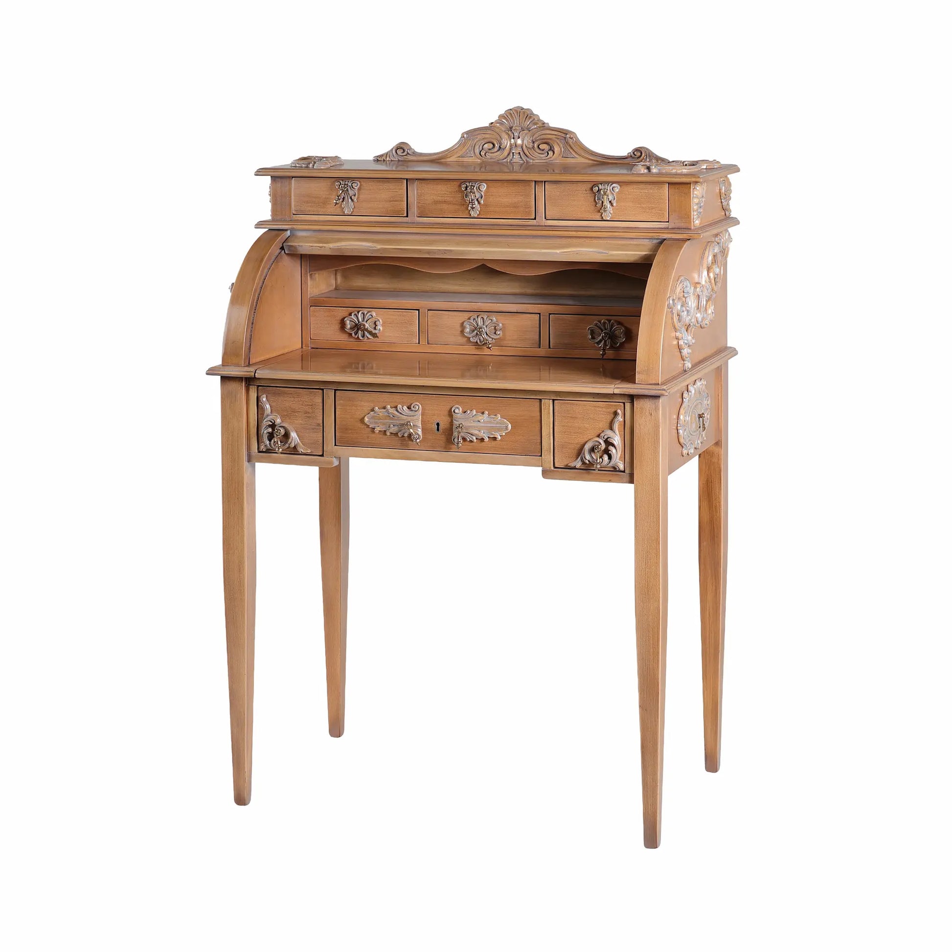 Escritorio secreter Rulo con frontal curvo, cajones y detalles ornamentales.