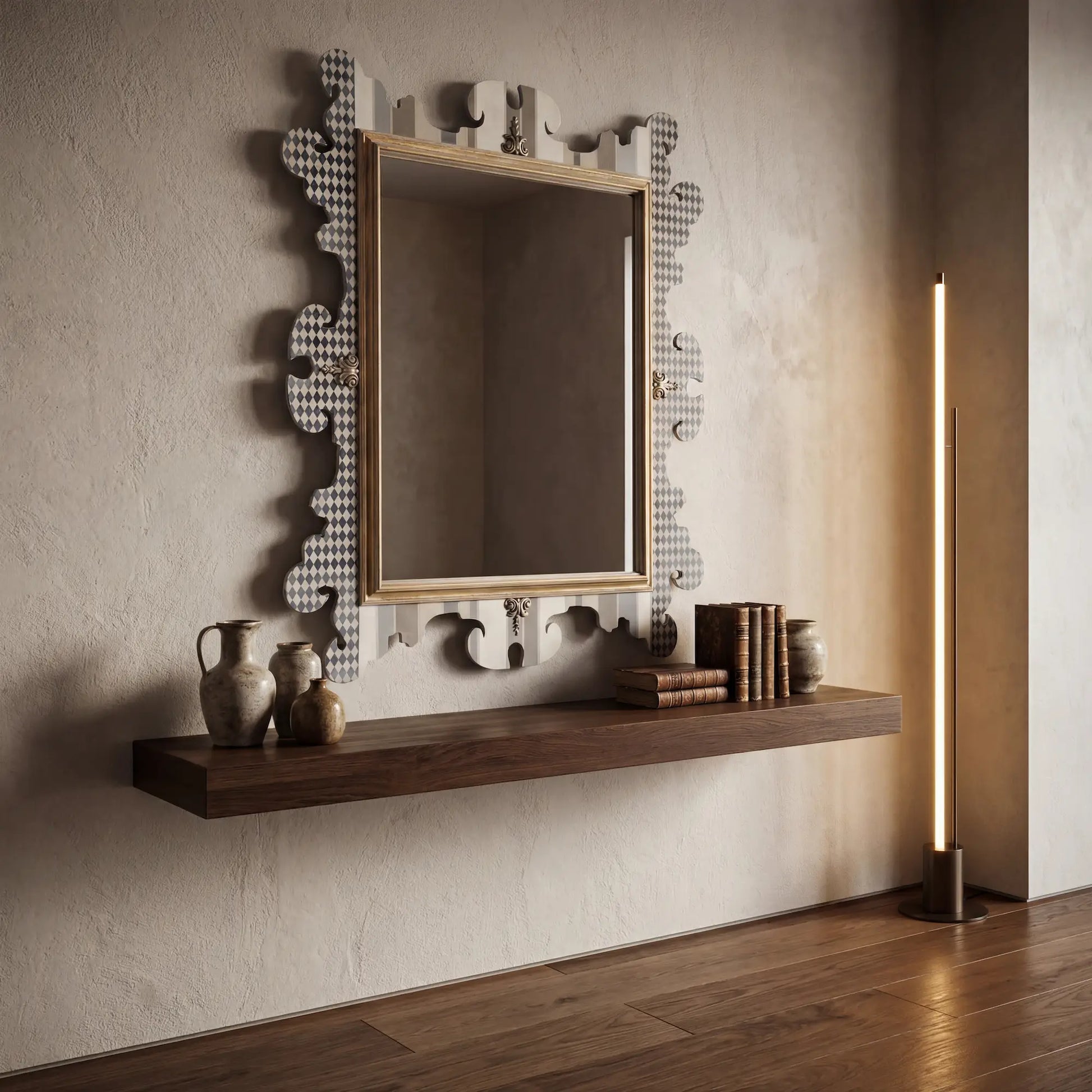 espejo Luaré decorativo colocado sobre repisa de madera en pared