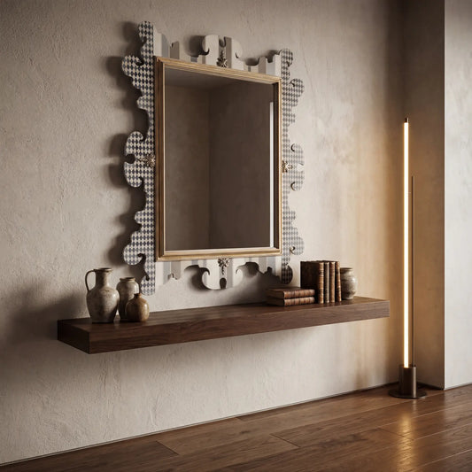 espejo Luaré decorativo colocado sobre repisa de madera en pared