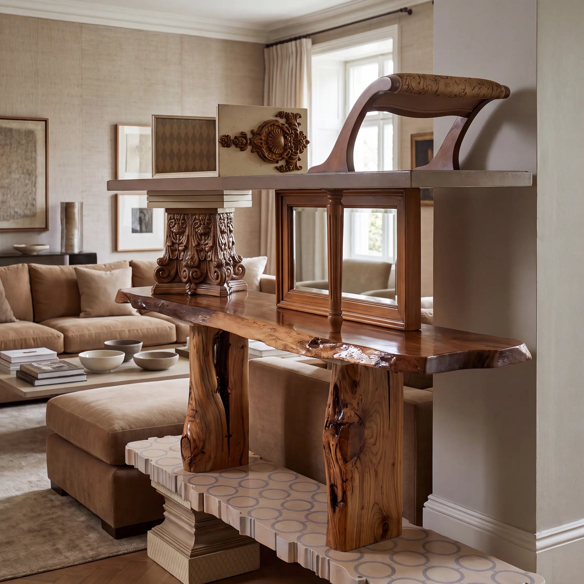 Estantería Escala de diseño artesanal con niveles decorativos en salón elegante.