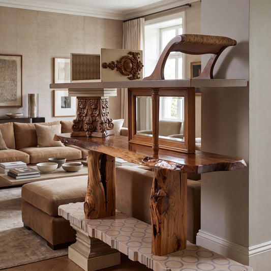 Estantería Escala de diseño artesanal con niveles decorativos en salón elegante.