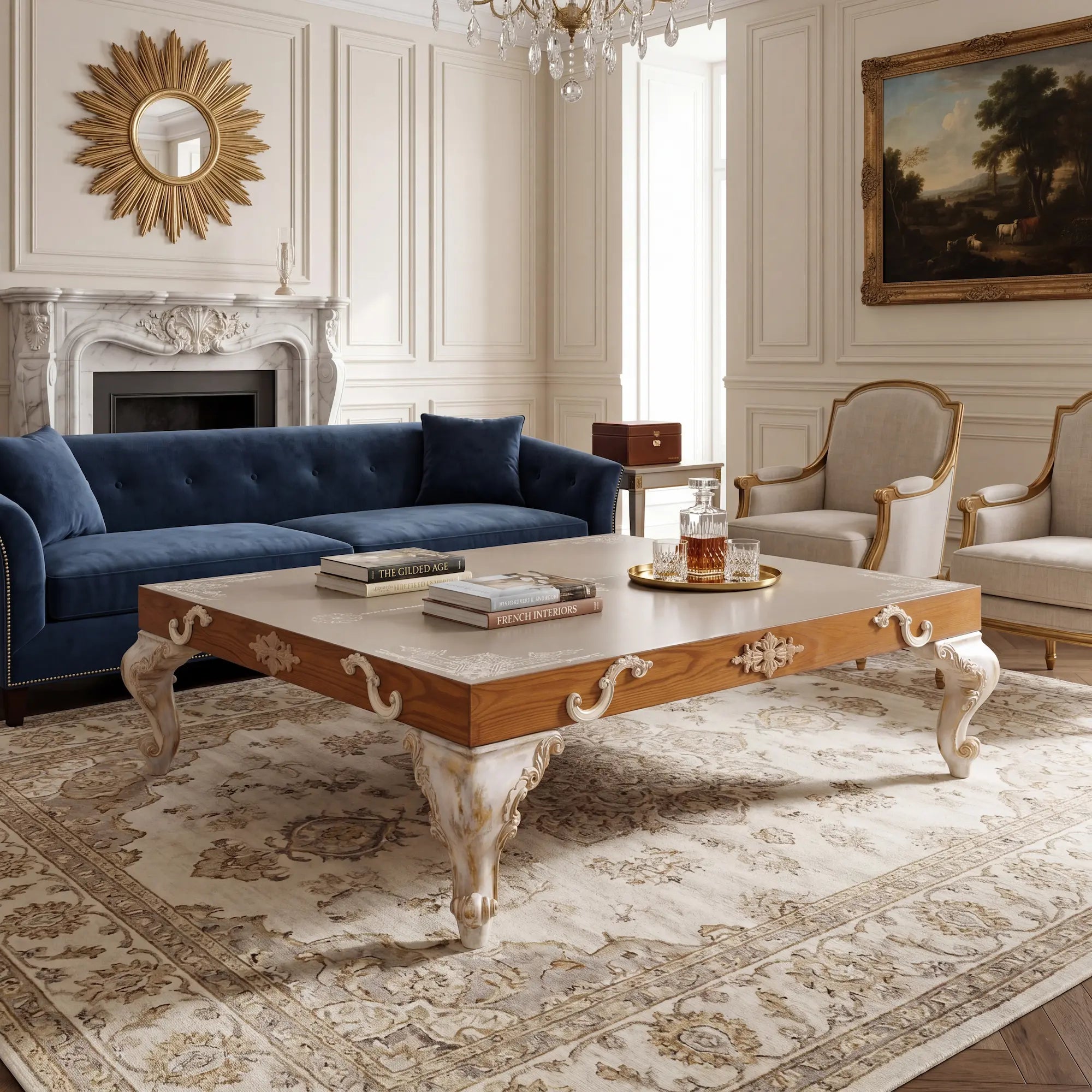 mesa de centro Florencia en salón clásico con sofá y decoración elegante
