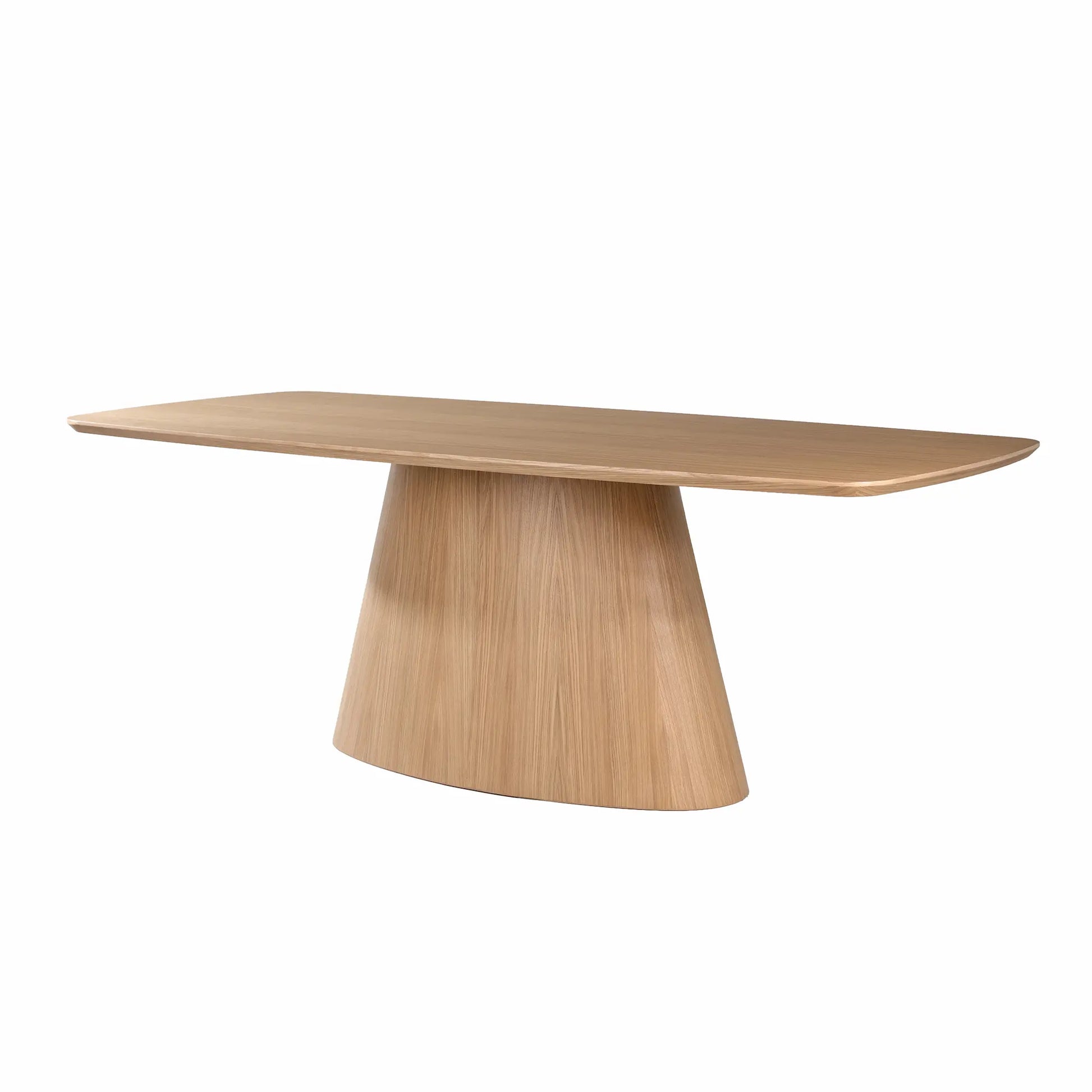 Mesa de comedor Anastasia de diseño artesanal con tablero rectangular redondeado.