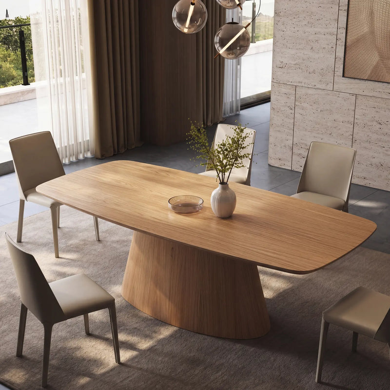 Mesa de comedor Anastasia en acabado madera con base central para comedor elegante.
