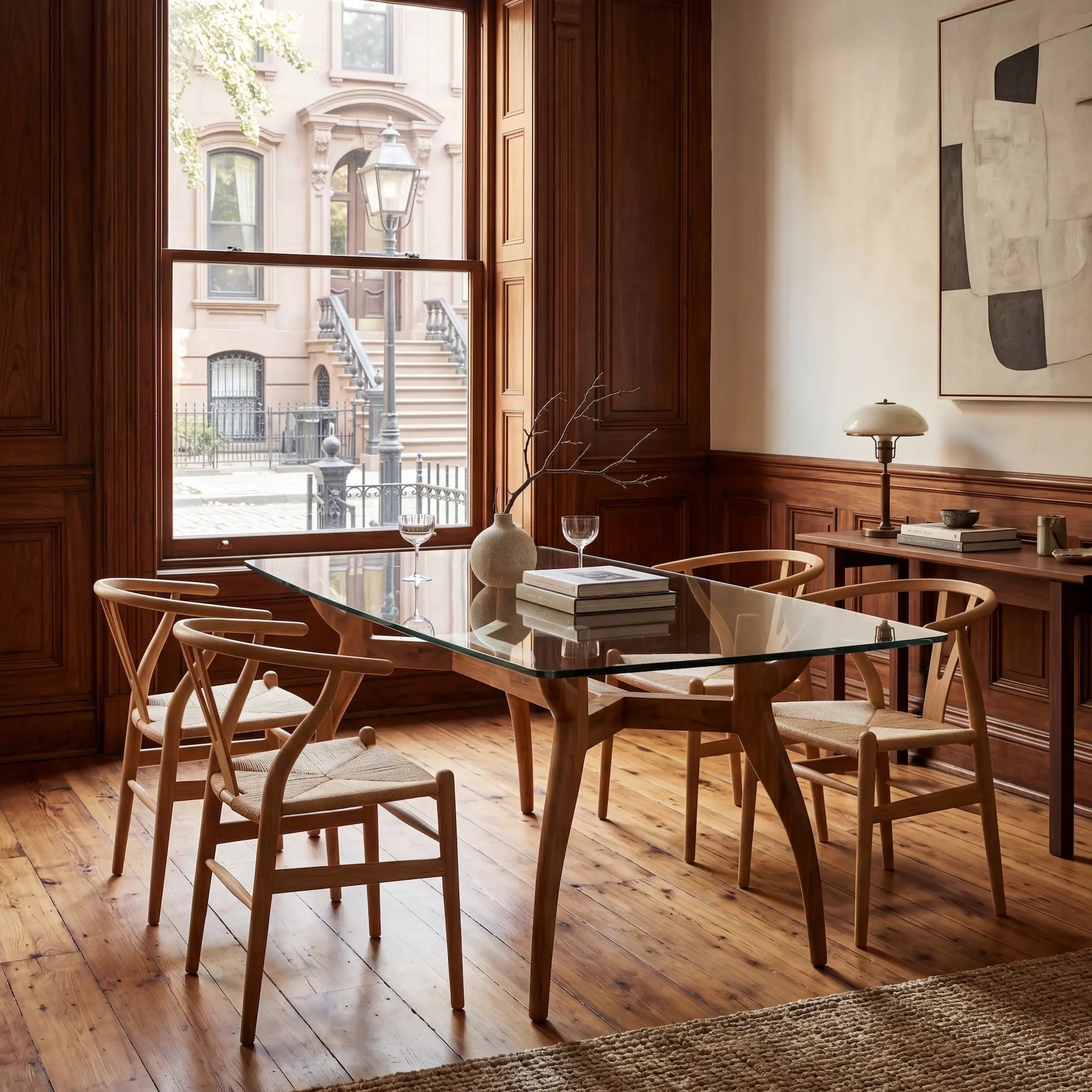 Mesa Irati de comedor con sobre de cristal y madera en un salón con paneles de madera y luz natural