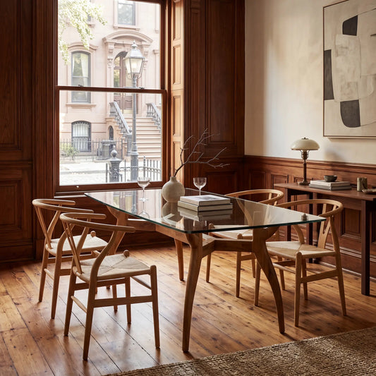 Mesa Irati de comedor con sobre de cristal y madera en un salón con paneles de madera y luz natural
