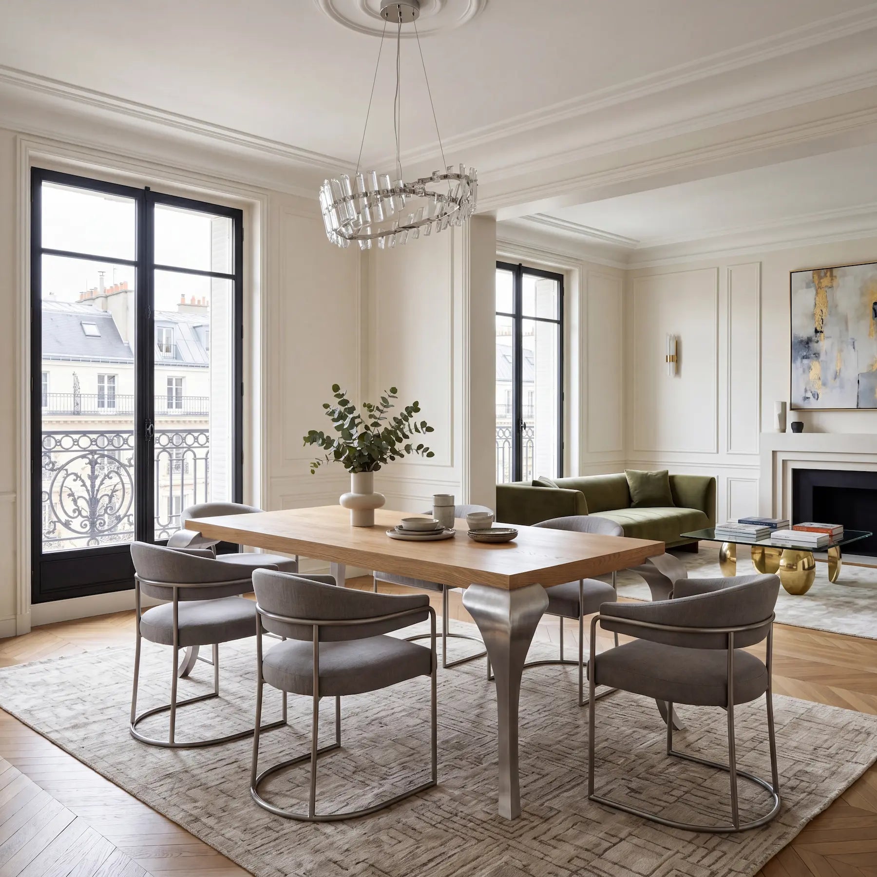 Mesa de comedor de diseño Manila con sobre de madera y patas metálicas en un salón elegante