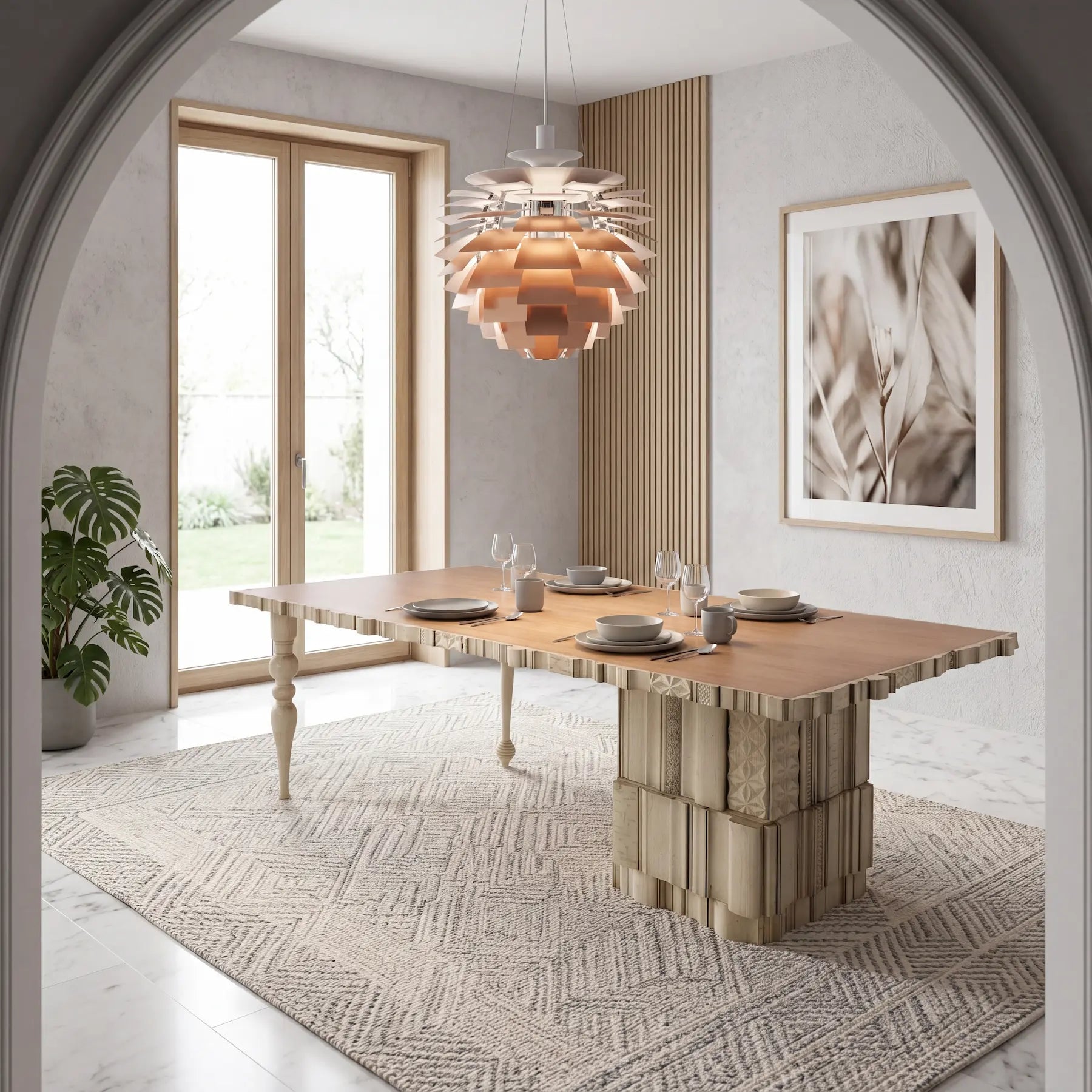 Mesa de comedor de diseño Queen en madera con base escultórica en un comedor luminoso