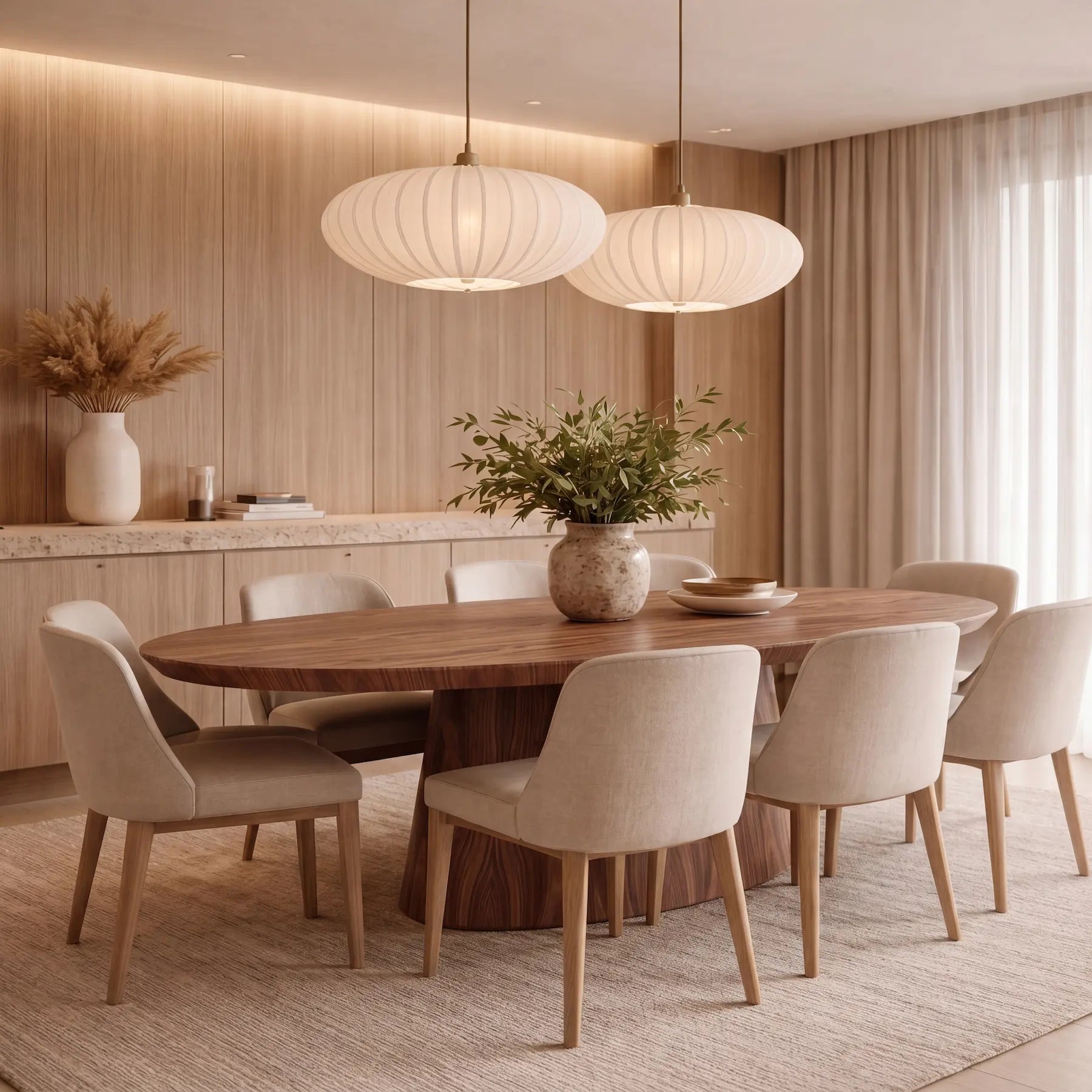 Mesa de comedor Ekaterina en ambiente elegante con sillas tapizadas y lámparas colgantes.
