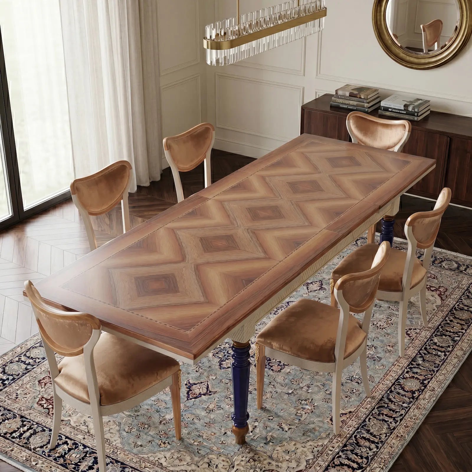 Mesa Cascabella integrada en un comedor elegante con sillas tapizadas.