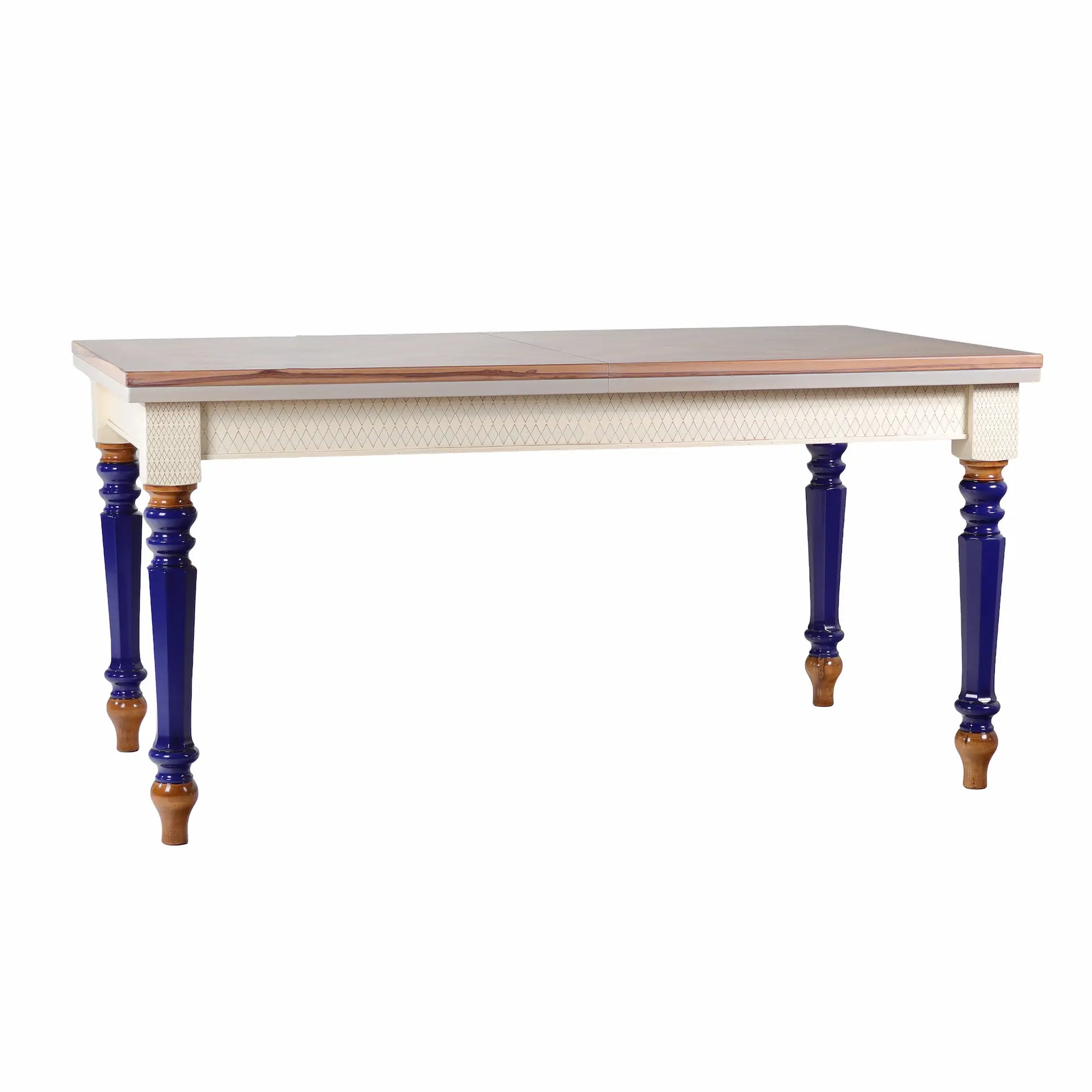 Mesa de comedor extensible Cascabella sobre fondo blanco con sobre decorativo y patas azules.