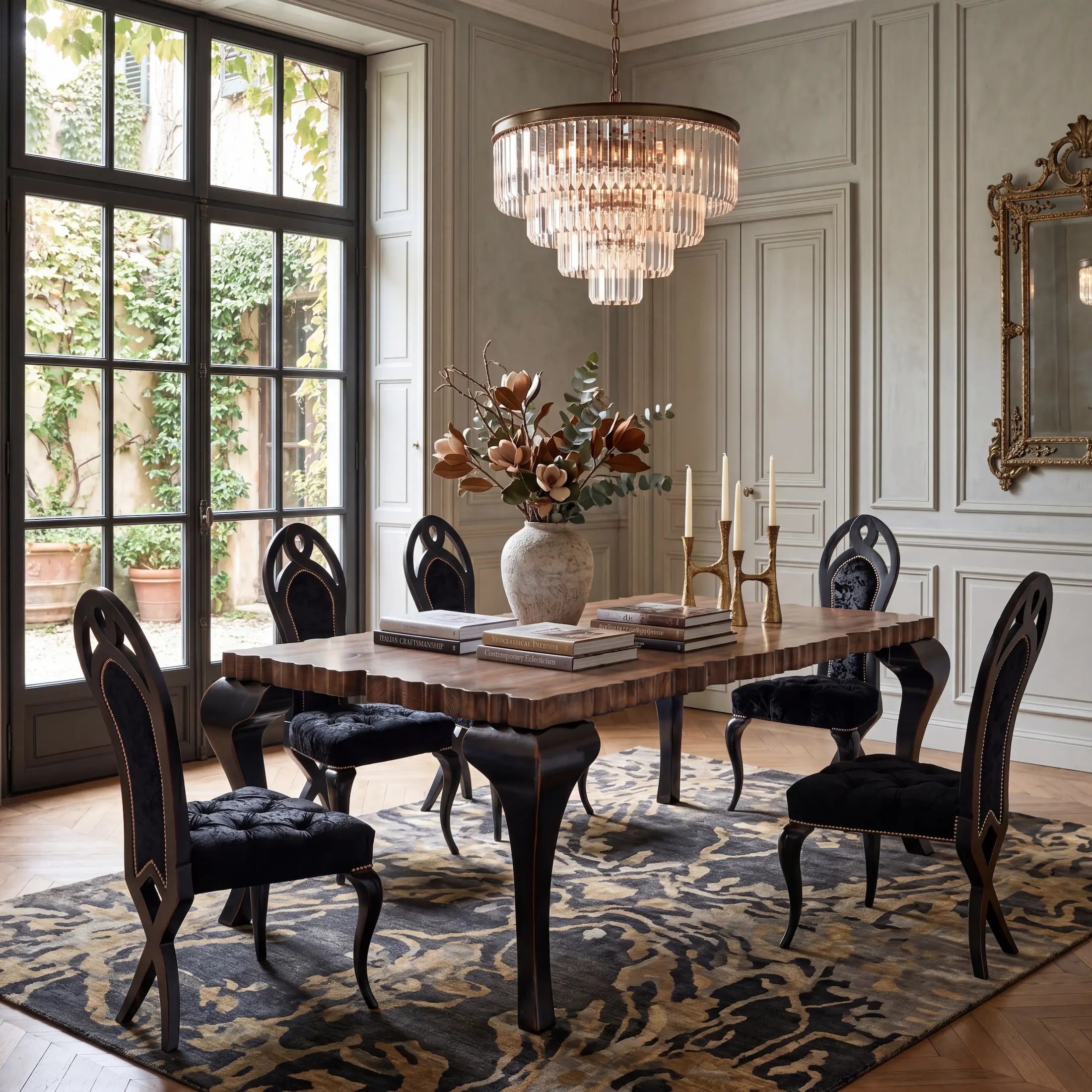 Mesa Charol de madera en comedor clásico con sillas negras y lámpara de cristal