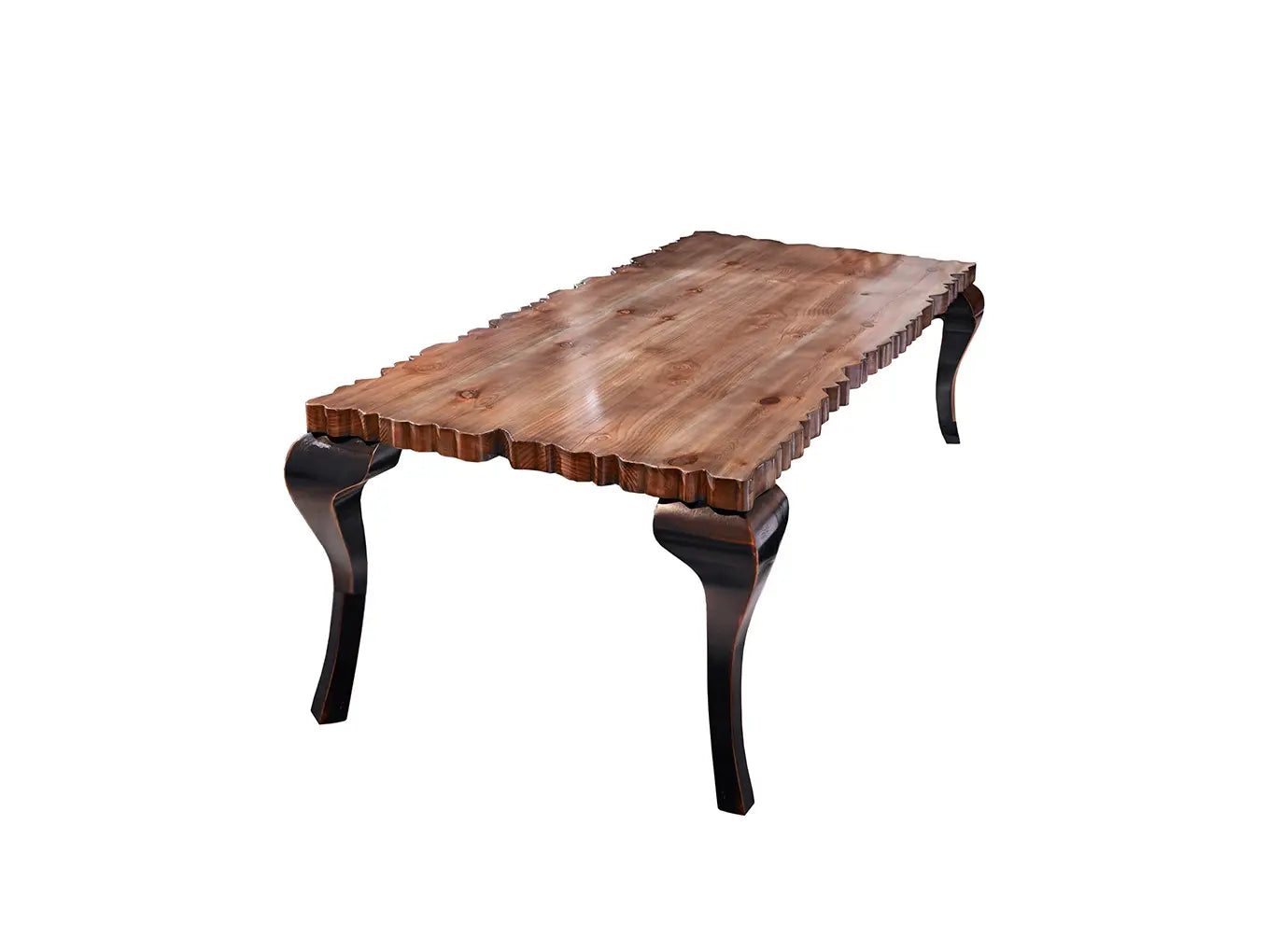 Mesa de comedor Charol de madera con patas negras curvas sobre fondo blanco