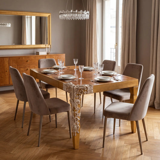 Mesa Cubista de madera en comedor elegante con sillas tapizadas y espejo dorado