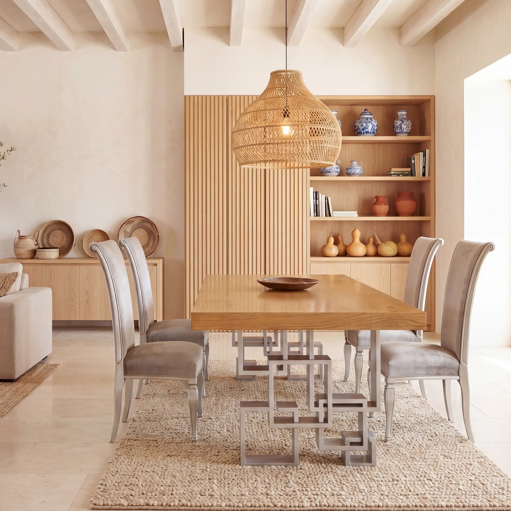 Mesa Manhattan de madera en comedor luminoso con base geométrica y sillas tapizadas