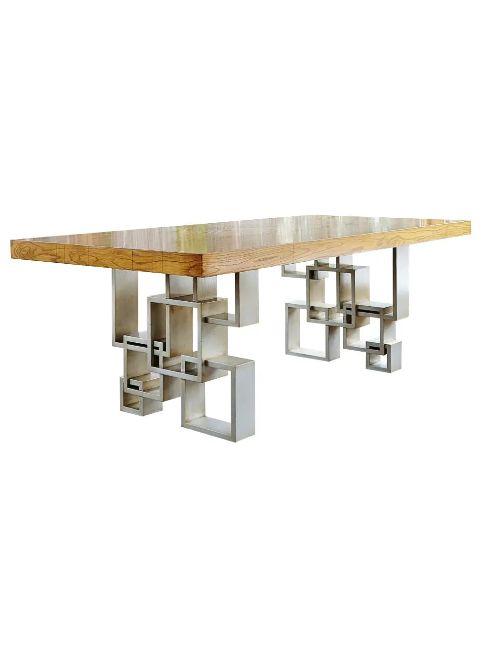 Mesa Manhattan de comedor en madera con base geométrica clara sobre fondo blanco